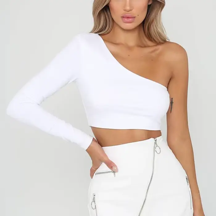 CDJLFH Sexy une épaule haut court t-shirt femmes col diagonale à manches longues t-shirt décontracté