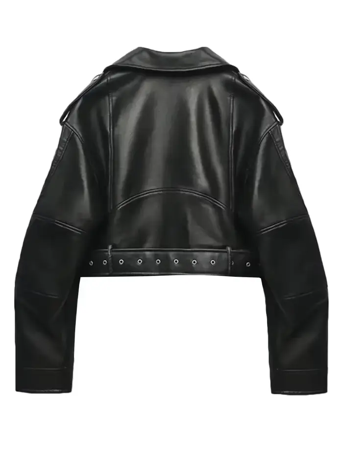 Femmes Vintage ample lavé Faux cuir veste courte Streetwear femme fermeture éclair ceinture Moto Bik