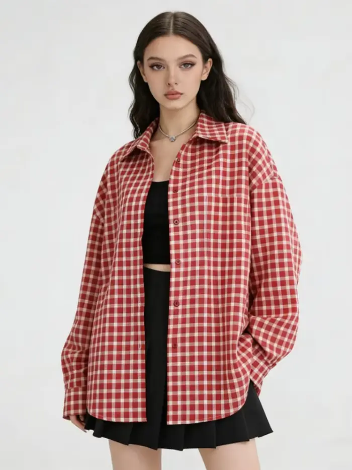Y2K juniorská dámska patchworková košeľa z polyesterovej bavlny pre streetwear príležitostné príležitosti