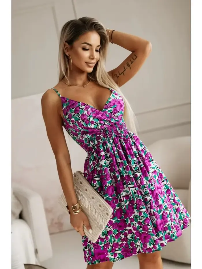 Kvetinové tlačené polyesterové večerné šaty s V-Neck a špagety rukávmi pre ženy - Letné príležitosti