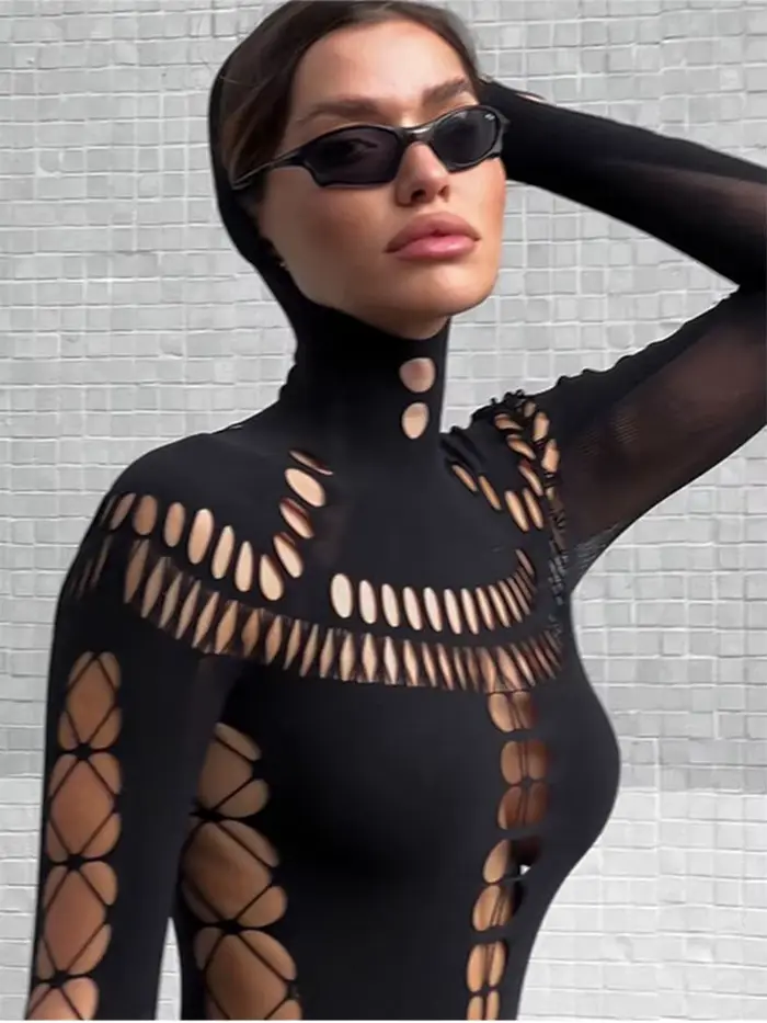 FHSEER Sexy body pre ženy Y2K vysoký golier obtiahnutý kruhový výstrih vpredu a rukávy zo sieťoviny so šnurovaním pružný Edggy Clubwear Streetwear