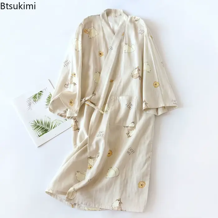Kimono Femme Printemps/Été 2026 – Pyjama Long en Gaze 100% Coton Imprimé, Robe de Nuit, Yukata SPA, Vêtements d'Intérieur pour Femme