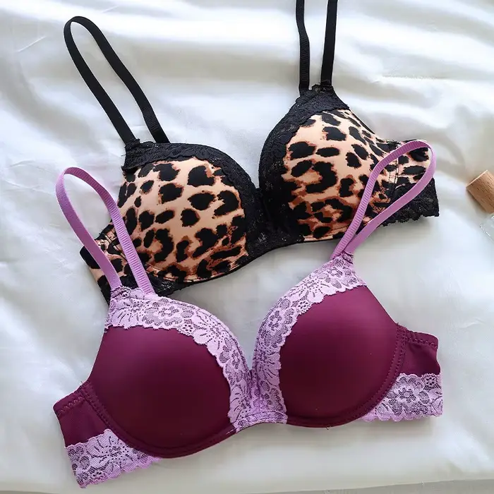 Dámske nastaviteľné bezdrôtové Push-Up podprsenka, fialová francúzsky Leopard tlače čipky, bezšvíkové Sexy spodná bielizeň