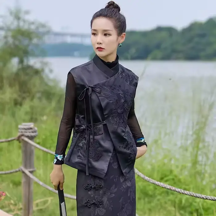 Gilet d'extérieur Vintage de Style chinois, grue blanche/fleurs, gilets à laçage brodés, vêtements é