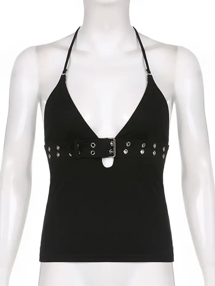 Haut court bandage à lacets pour femme, haut dos nu noir, mini glaPunk, sweats rétro basiques, migno