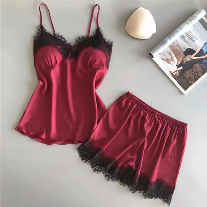 Ensemble pyjama en satin à col en V pour femme, nuisette en dentelle, lingerie sexy, chemise de nuit