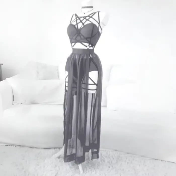 Sexy 3 kus bielizeň set pre ženy, gotický štýl, erotické, emo, Alt Punk, s priehľadným ok krátky top a vysoký pás sukne