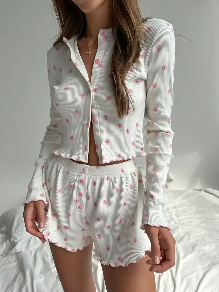 Ensemble pyjama côtelé en tricot pour femme, imprimé floral, haut à manches longues et short, vêtements décontractés pour la maison, vêtements de nuit