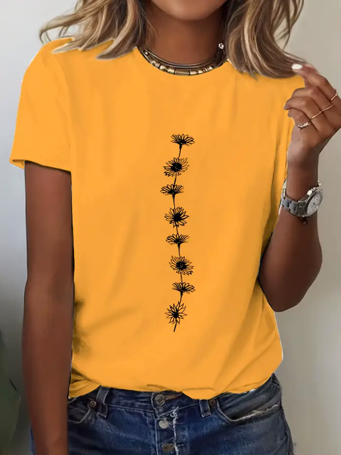 T-Shirt décontracté imprimé tournesol pour femmes, haut à manches courtes et col rond, parfait pour 