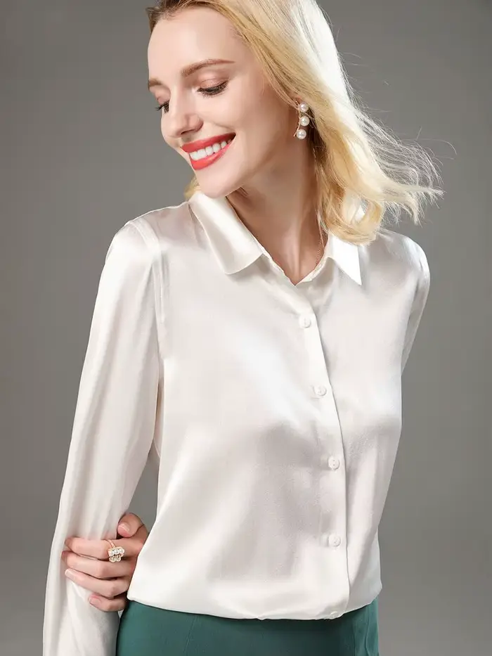 Dámska hodvábna blúzka 93% hodváb 7% elastan základná jednofarebná s golierom Chic Blouse jar 2025