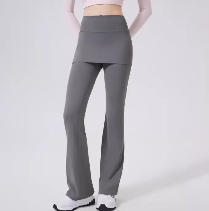 Pantalon faux deux pièces à taille haute légèrement évasé avec jupe intégrée pour femmes, idéal pour