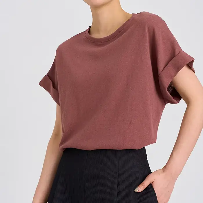 T-shirt femme à manches courtes en coton et lin, col rond, coupe oversize, style dolman, uni, printe