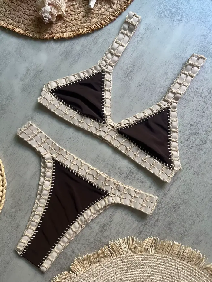 Bikini Noir au Crochet 2026 – Maillot de Bain Sexy pour Femme, Ensemble Micro Bikini Bandeau, Tenue 