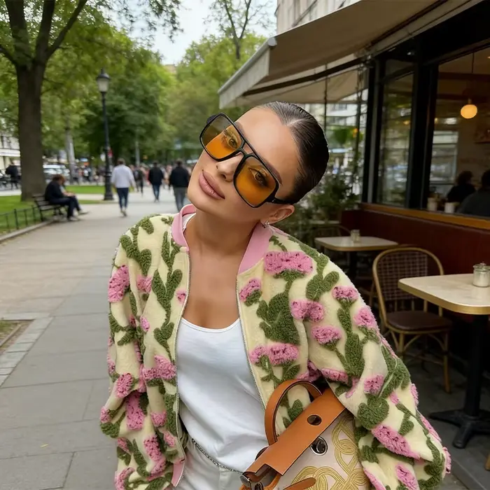 Štýlová a trendy bomber bunda z fleecu s kvetinovým vzorom
