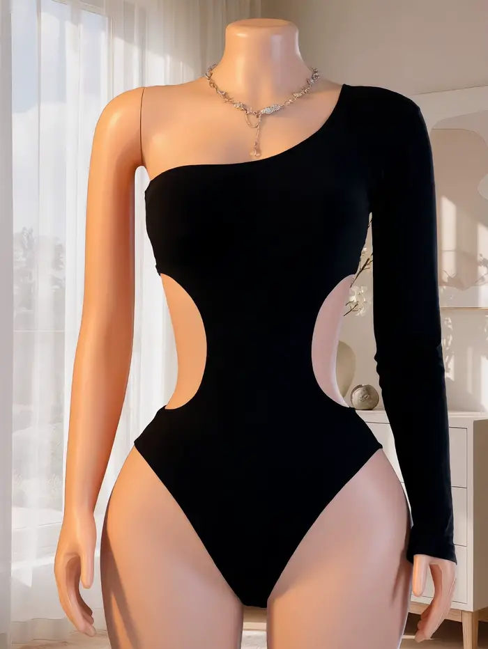 Body asymétrique à manches longues pour femme, dos nu, double taille, découpé, moulant, sexy, linger