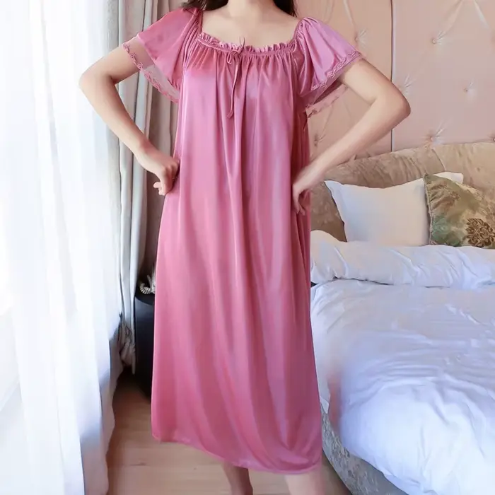 Chemise de nuit en polyester élégante à col en V avec dentelle pour femmes grandes tailles nuits paisibles occasions spéciales