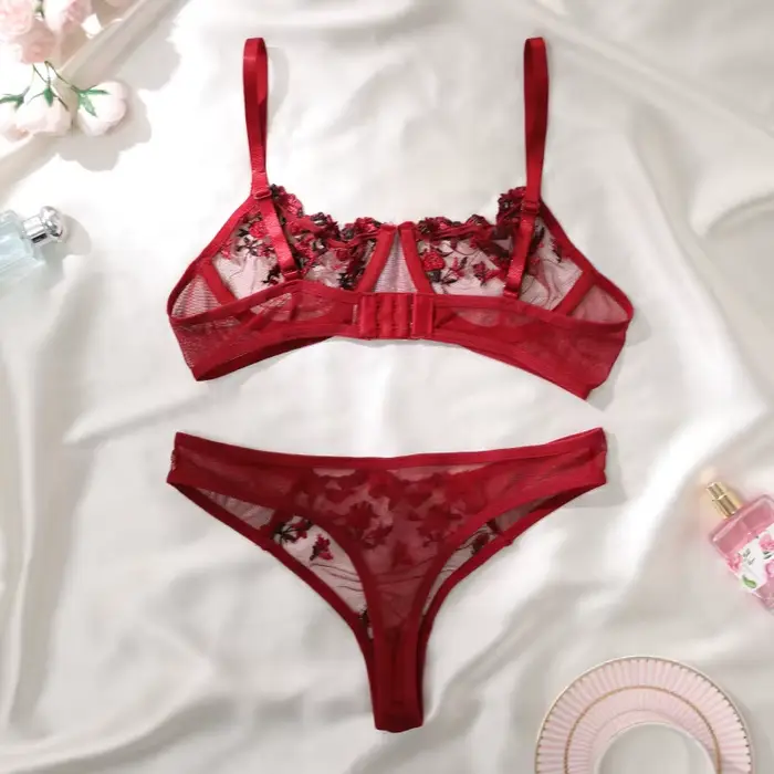 Červené víno Priehľadná čipka s kvetinovým vzorom Dvojdielna dámska Push Up priedelná spodná bielizeň tangá Sexy podprsenka set Erotický kostým