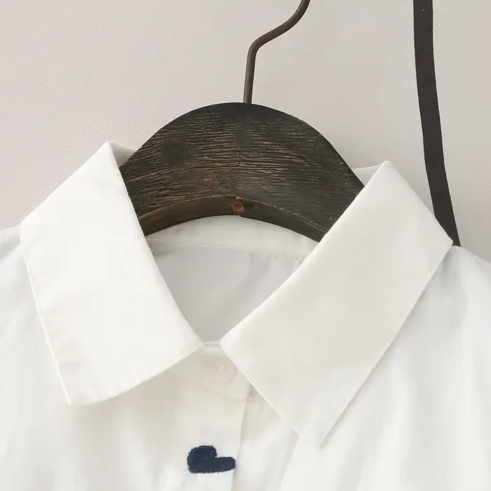 Chemises blanches brodées de coeur pour femmes, col rabattu, chemisier décontracté, manches longues,