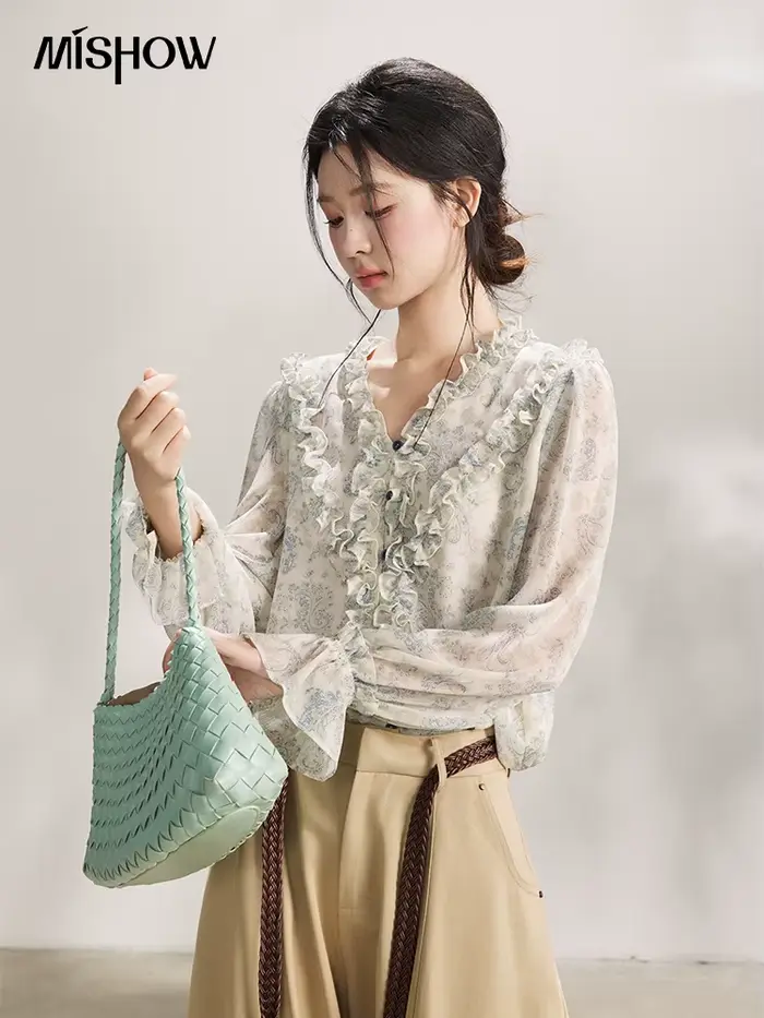 MISHOW – chemisier à volants pour femmes, bleu clair, imprimé Paisley, col en v, manches longues, en