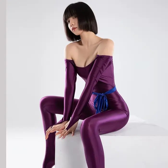 Lesklé hodvábne saténové body s dlhými rukávmi pre ženy, kostým plný bubon, sexy tesné rompers, prst prepichnuté topánky, cosplay, nové