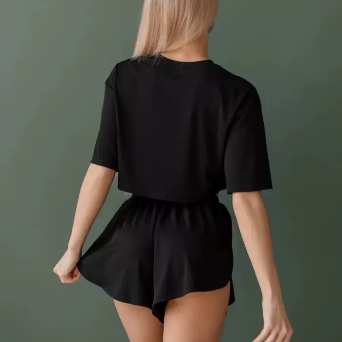 Dámske krátky rukáv okolo krku pyžamový set, Split tričko, elastické šortky, ležérne Sleepwear, 2-dielna sada