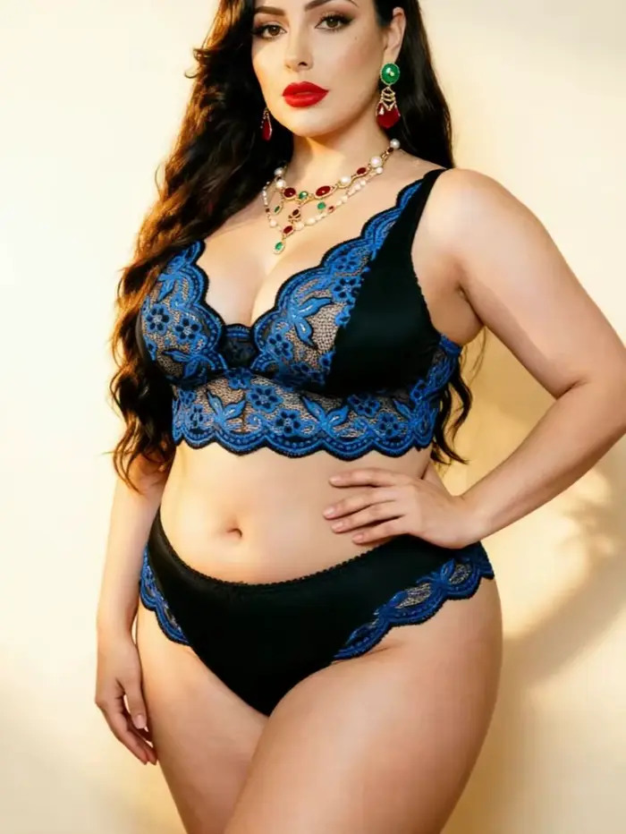 Sexy čipkovaná čierno-modrá spodná bielizeň pre ženy s väčšími veľkosťami s kvetinovou výšivkou - Nohavičky a bralette s nastaviteľnými ramienkami
