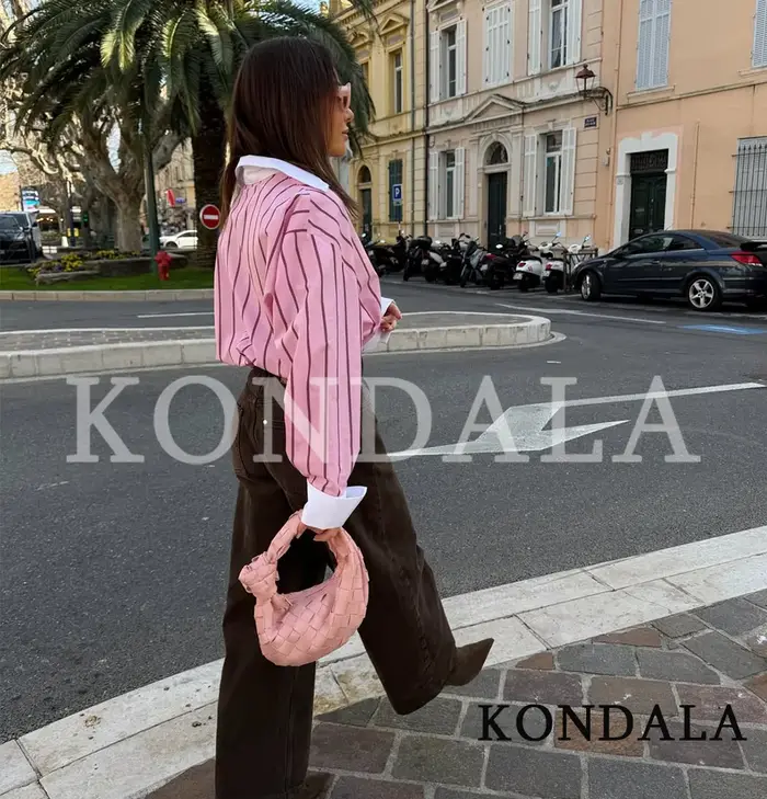 Chemises décontractées à rayures roses KONDALA pour femmes, chemises tendance à boutons et revers po