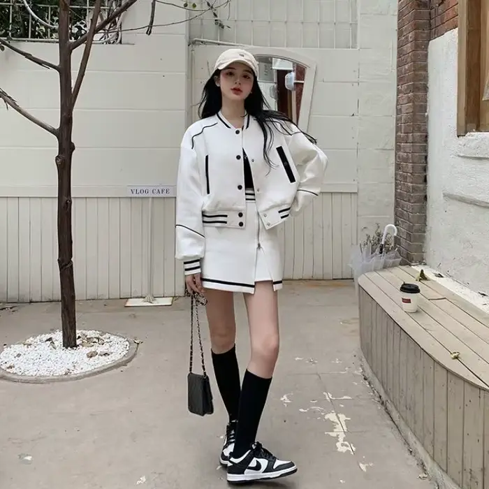 Ensemble de survêtement de Baseball Vintage, manteau court Chic coréen + demi-jupe taille haute, ens