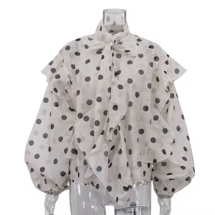 Nouvelle Blouse Femme Élégante Beige Imprimée 2026, Décontractée, Col à Lacets, Manches Bouffantes, 