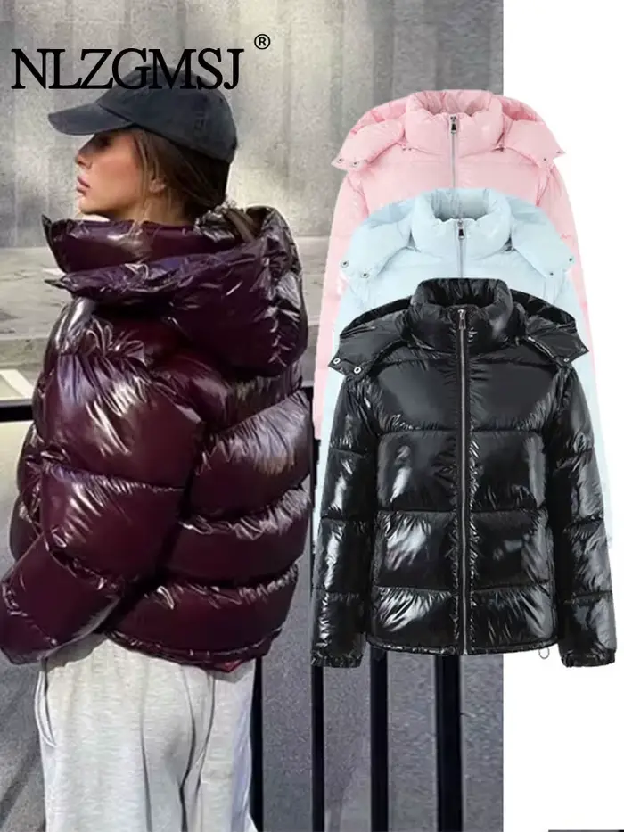 Dámska polyesterová bunda, zimný streetwear dizajn, kapucňa, zips, štýlový pre výlety a tiché dni