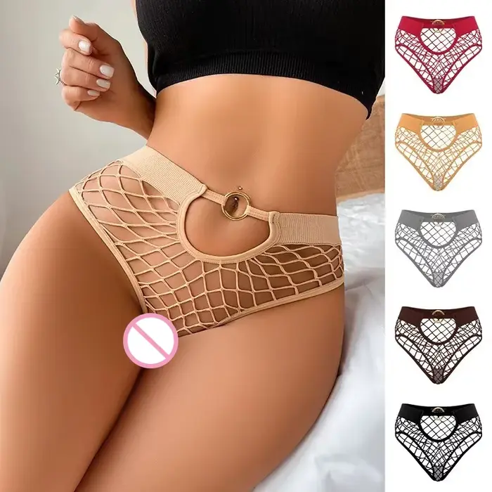Nový štýl sieťovaný sexy ženské nohavičky jednofarebné stredne vysoké pásové sieťované dámske spodné prádlo priesvitné elastické tangá