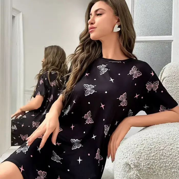 Robe de nuit décontractée à col rond, vêtements de nuit pour femmes