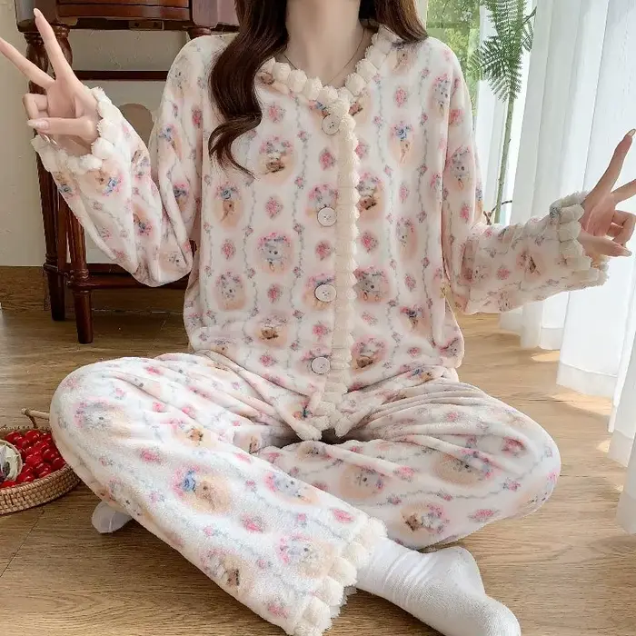 Dámske Coral Fleece pyžamo, tlačené, hrubé, plyšové, sveter, teplý a mäkký oblek, domáce oblečenie, dlhé rukávy, jeseň zima