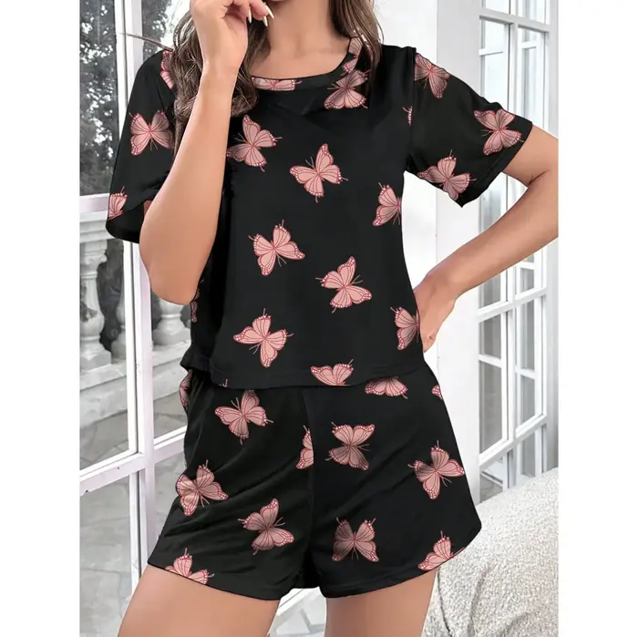 Pyjamas imprimés décontractés pour femmes, ensemble deux pièces, vêtements de nuit, shorts de pyjama
