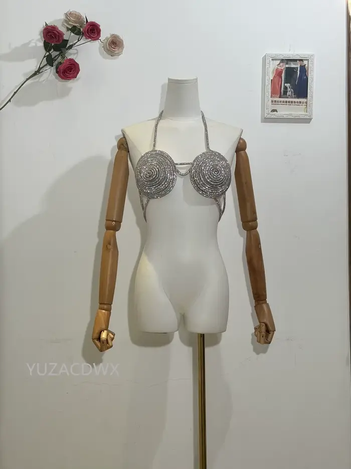 Dámska plážová voľná podprsenka, Precious Top, spodná bielizeň ozdobené diamanty, zadné, sexy, luxusné, párty, nočný klub, leto