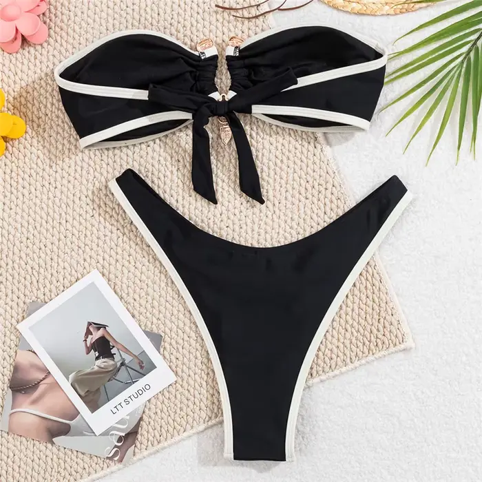 Biela čelenka Bikiny Sady Žena Sexy Plavky Kontrast Farba Kovová Spona Plavky Rezané Vysoké Brazílske Plavky Bikini Mujer
