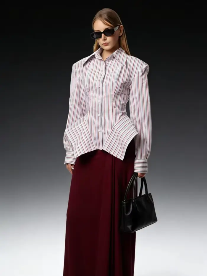 Chemisier rayé élégant DFDG pour femme, collection Printemps-Été 2026, col pointu, manches longues, 