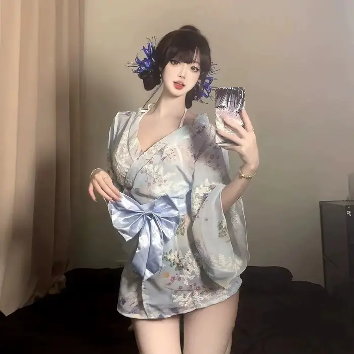 Nová nočná róba Kimono z potlačeného a vyšívaného šifónu s mašľou