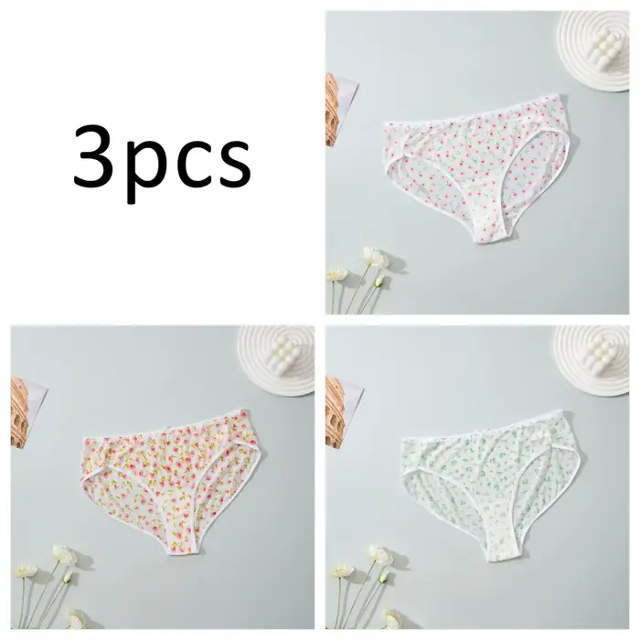 Ensemble de 3 culottes string en tulle à imprimé floral frais – Sous-vêtements légers et respirants 