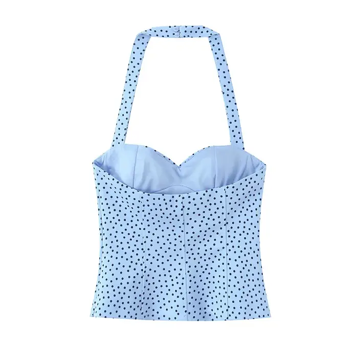 Haut pour femme, nouveau style été 2026, couleur unie, décor à pois, col halter, haut sexy, style va