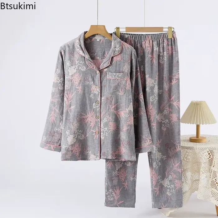 Btsukimi pyžamo Set pre ženy v čistej bavlne, retro dizajn, mäkká podšívka, veľkosť M L XL, farby ružová šedá, spánok a odpočinok príležitosti