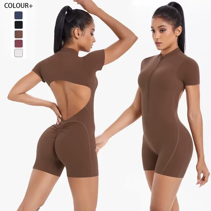 Combinaison de gymnastique à fermeture éclair pour femmes, ensembles de Yoga courts, tenues de sport