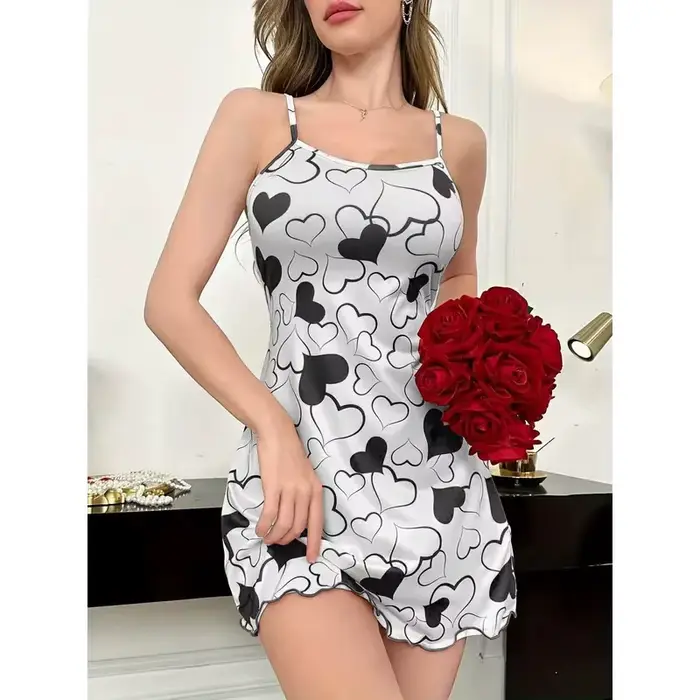 Sexy letná nočná košeľa pre ženu, srdcová potlač, mini šaty s popruhmi, nočná košeľa, nočná košeľa, ležérne oblečenie