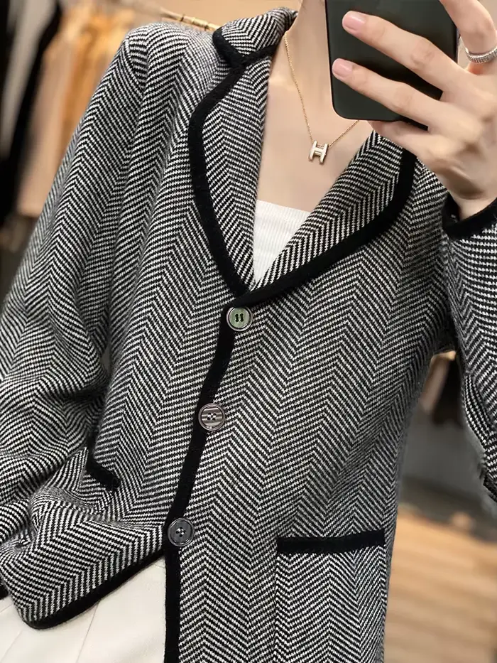 Pull cardigan en laine pure, style chinois, col rabattu, boutonnage simple, vichy, pour femmes, automne hiver ```