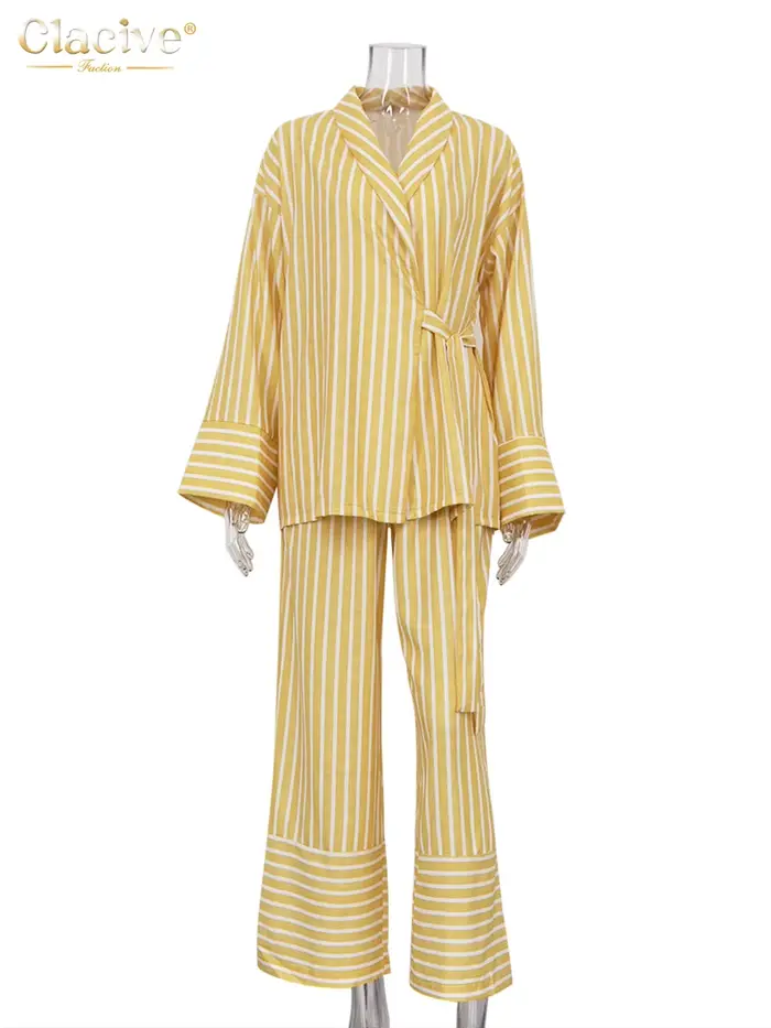 ClacMarkets-Costumes de maison à rayures jaunes décontractés pour femmes, ensemble 2 pièces, chemise