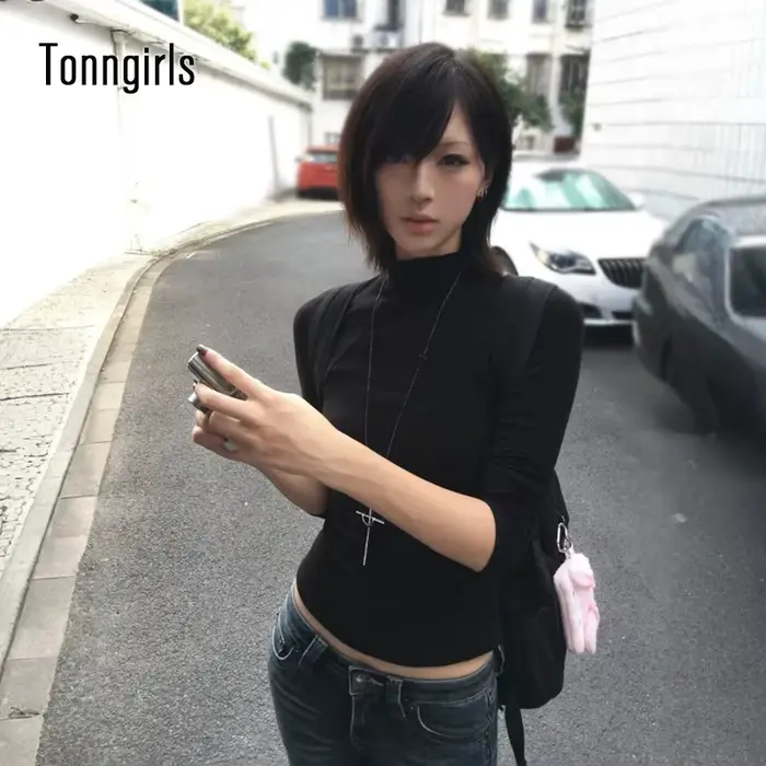 Tonngirls Y2k Japonské tričko pre ženy s dlhým rukávom čierny polovičný rolák