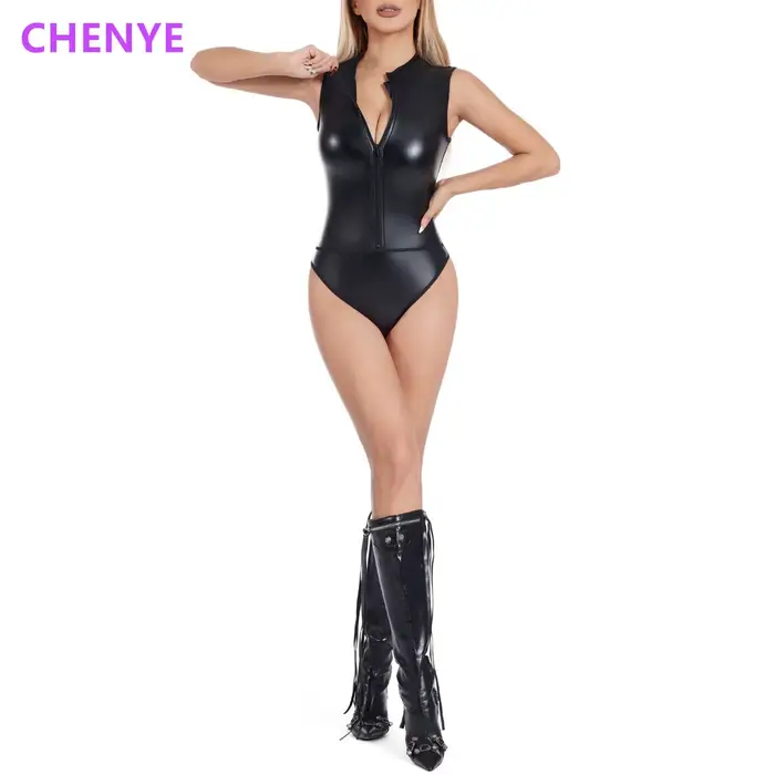 body Dámske Shaper, Sexy spodná bielizeň, Predný zips, vysoký krk, Faux kožená vesta, Performance uniformy na javisku, jednodielna kombinéza