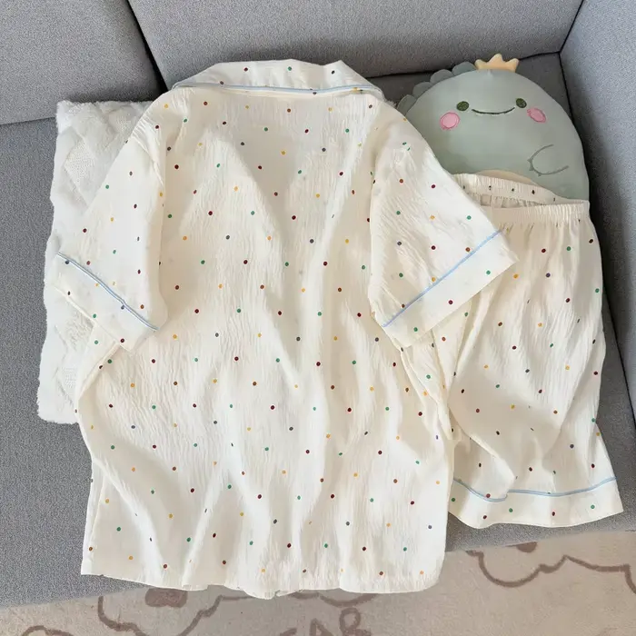 Dámske polka dot tlačené bavlnené pyžamo set, krátky rukáv top a šortky, 2-dielna, ležérne, pohodlné, potlačené nočné oblečenie
