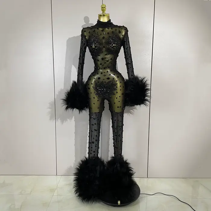 STOCK luxe diamant noir maille Transparent extensible à manches longues combinaison femmes Sexy Perf