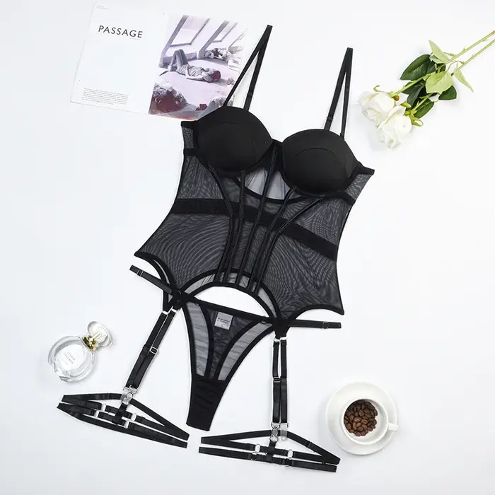 MUZISKAT sieťovaná luxusná značka body s otvoreným chrbtom pre ženy 3-dielna sada s podväzkom sexy šaty pre